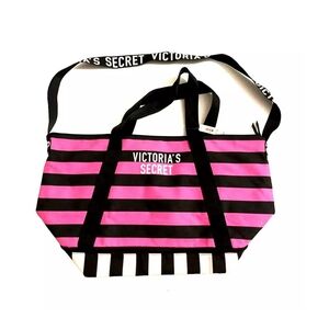 SOLD Victoria's Secret Expandable Weekender Pink & Black Striped Canvas Tote
